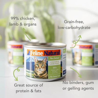 Feline Natural Chicken & Lamb Feast Grain-Free Canned Cat Food is shown, featuring 99% cage-free chicken, grass-fed lamb and organs. It’s grain-free, a great source of protein and fats, with no binders or gelling agents.