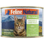 A can of Feline Natural Chicken & Lamb Feast Grain-Free Canned Cat Food by Feline Natural, featuring a tabby cat, mountains, and grassland on the label. Made with cage-free chicken and grass-fed lamb in a 99% meat and organs recipe.
