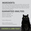 A black cat sits before a gray backdrop displaying details on ingredients, guaranteed analysis, and nutrition for Feline Natural Feast Grain-Free Wet Cat Food Pouch 12/3oz by Feline Natural.