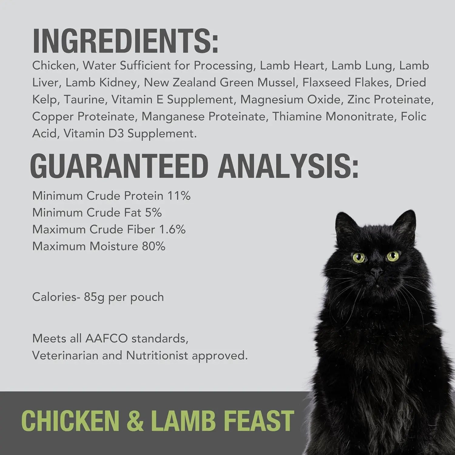 A black cat sits before a gray backdrop displaying details on ingredients, guaranteed analysis, and nutrition for Feline Natural Feast Grain-Free Wet Cat Food Pouch 12/3oz by Feline Natural.