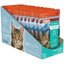 A display box of Feline Natural Feast Grain-Free Wet Cat Food Pouch 12/3oz by Feline Natural, featuring a tabby cat, mountain scenery, and product details. Contains 12 orange and blue 3oz pouches for cats.