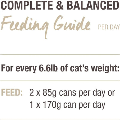 Complete & Balanced Feeding Guide Per Day: For every 6.6 lb of cat’s weight, feed 2 x 85g cans or 1 x 170g can of Feline Natural Lamb Feast Grain-Free Canned Cat Food per day.