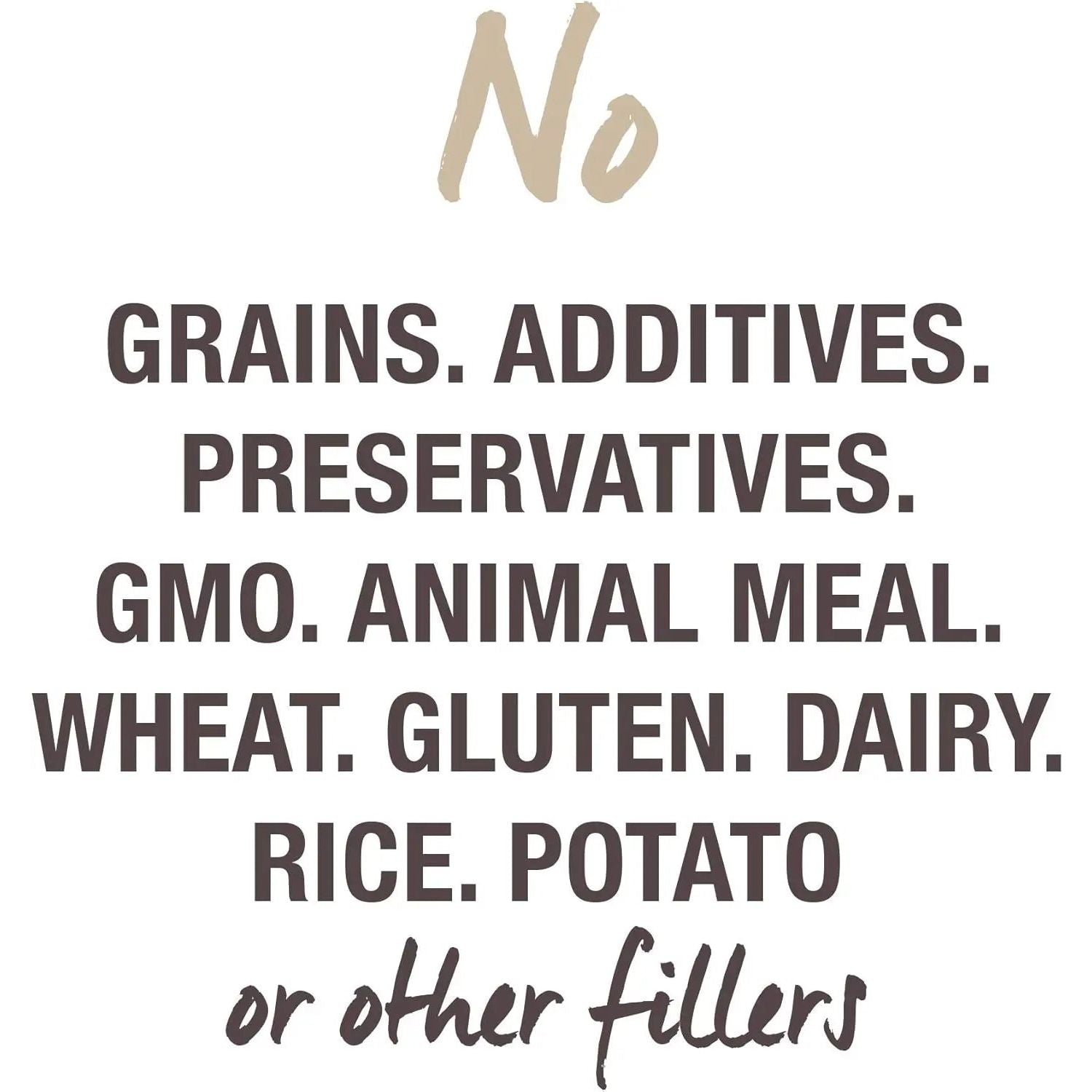 Text graphic: Feline Natural Lamb Feast Grain-Free Canned Cat Food contains no grains, additives, preservatives, GMOs, animal meal, wheat, gluten, dairy, rice, potato or fillers. Pure quality from Feline Natural in every bite.