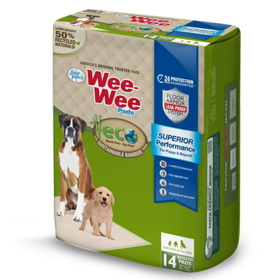 A 14-count pack of Four Paws Wee-Wee Superior Performance Eco Bamboo Dog Pee Pads features eco-friendly bamboo, leak-proof system, and images of a large dog and puppy on the pads.