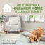 A golden retriever rests beside a white armchair in a bright living room. Text reads: Keep your home clean and eco-friendly with Four Paws Wee-Wee Superior Performance Eco Bamboo Dog Pee Pads—easy, mess-free cleanup!.