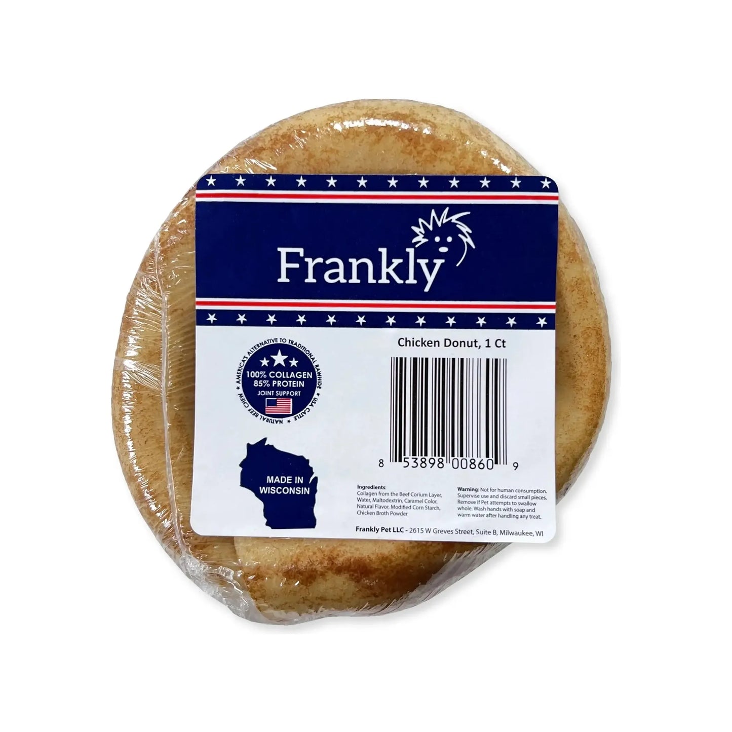 A round, brown Frankly Pet Healthy Donut Chews for Dogs treat wrapped in plastic, featuring a blue, white, and red Frankly Pet label with Made in Wisconsin, barcode, and product info.
