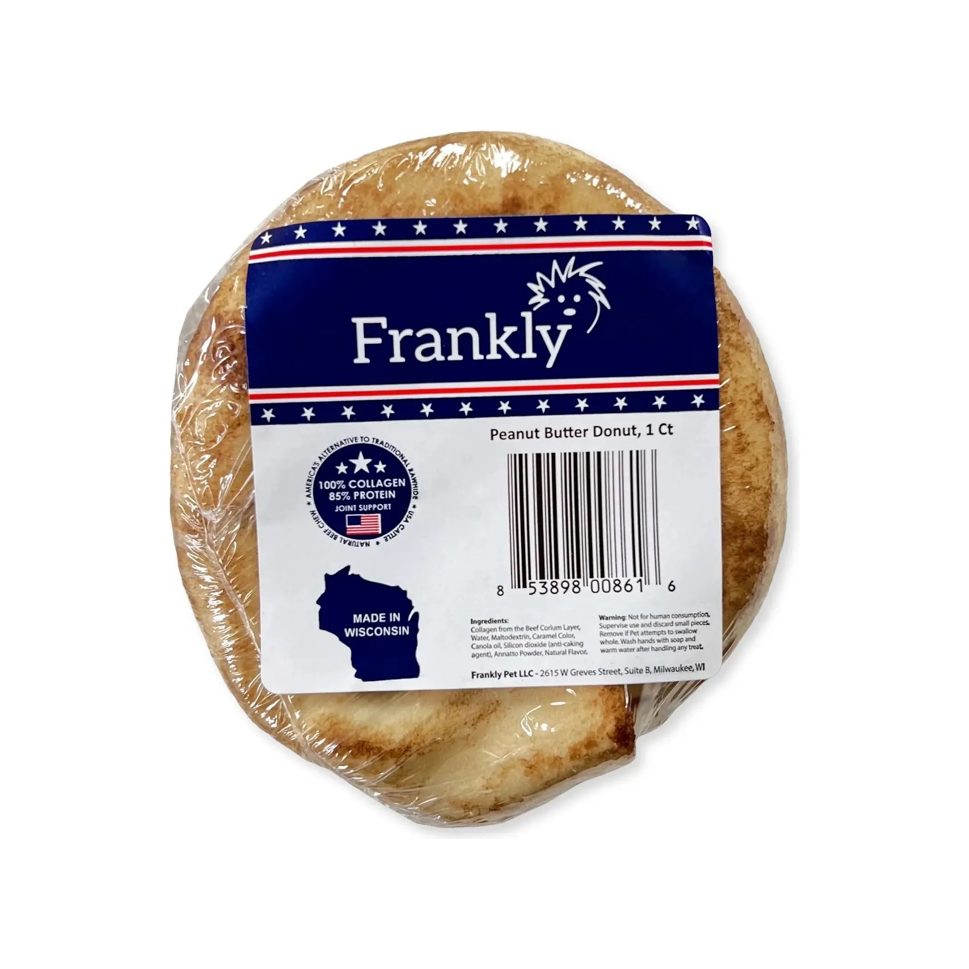 A Frankly Pet Healthy Donut Chews for Dogs peanut butter dog treat, round and wrapped in clear plastic with a blue label displaying a barcode, product details, and “Made in Wisconsin.” Brand: Frankly Pet.
