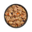 A black bowl of Petcurean Pet Foods Go! Solutions Booster Immune Health Minced Chicken & Salmon with Gravy Wet Cat Food, seen from above, showcases minced chicken, salmon, and veggies to help support cat immune health.