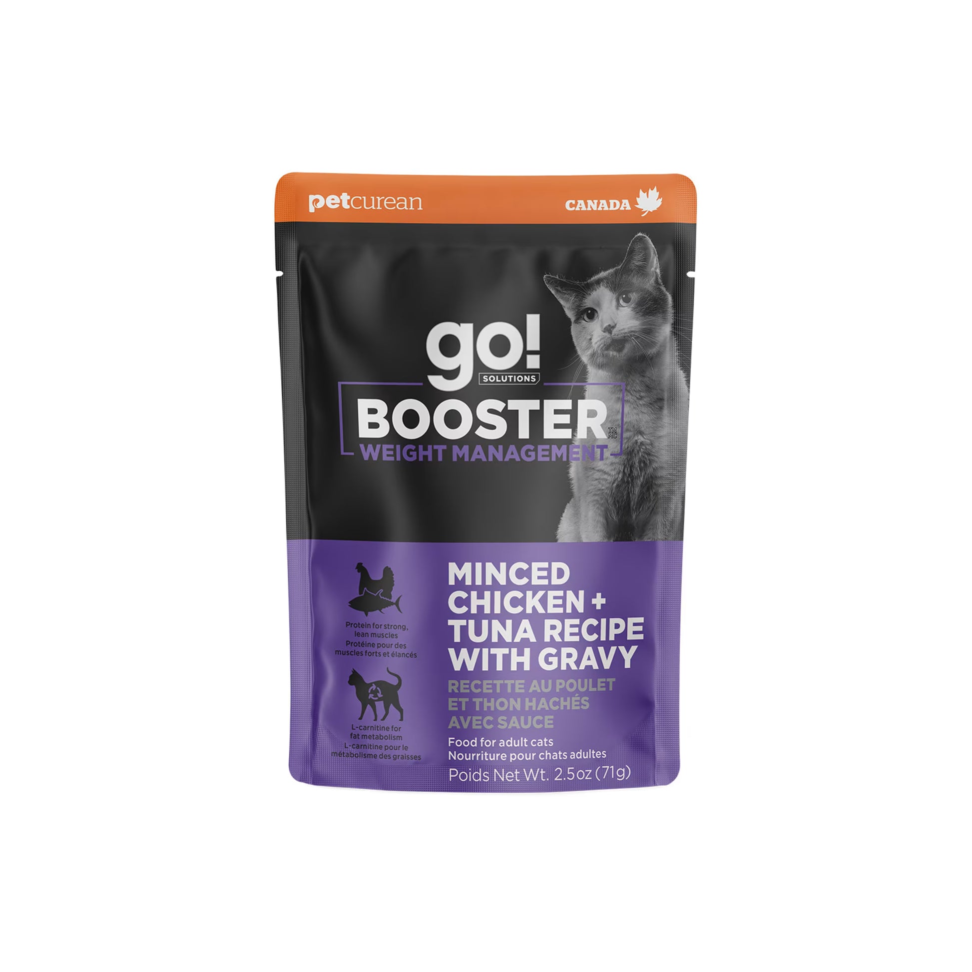 A 24-pack of Petcurean Pet Foods Go! Solutions Booster Weight Management Minced Chicken & Tuna with Gravy Wet Cat Food, 2.5 oz each, in black and purple packaging featuring a grey cat and highlighting lean proteins.