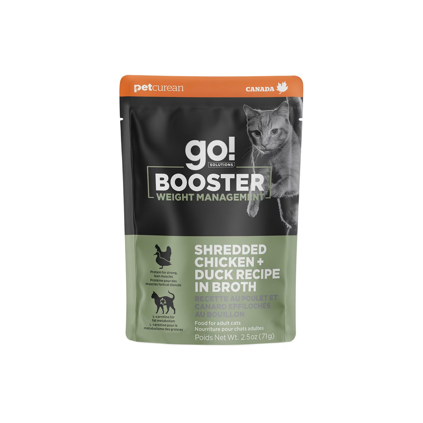 A 2.5 oz pouch of Petcurean Pet Foods Go! Solutions Booster Weight Management Shredded Chicken & Duck in Broth Wet Cat Food for adult cats, 24-pack, with black and green packaging featuring a cat and Canada label.