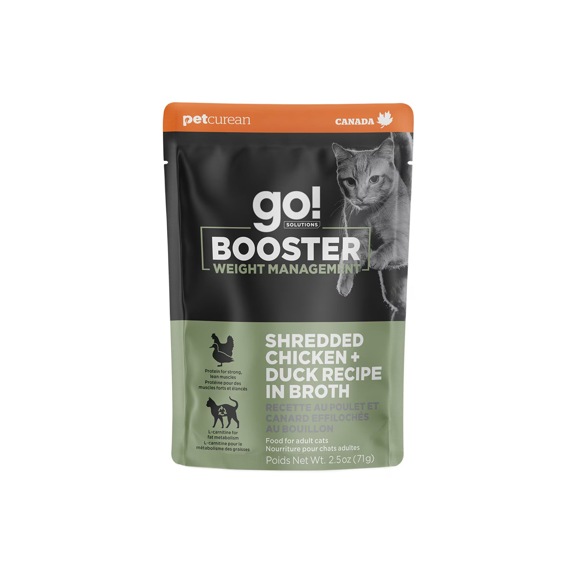 A 2.5 oz pouch of Petcurean Pet Foods Go! Solutions Booster Weight Management Shredded Chicken & Duck in Broth Wet Cat Food for adult cats, 24-pack, with black and green packaging featuring a cat and Canada label.