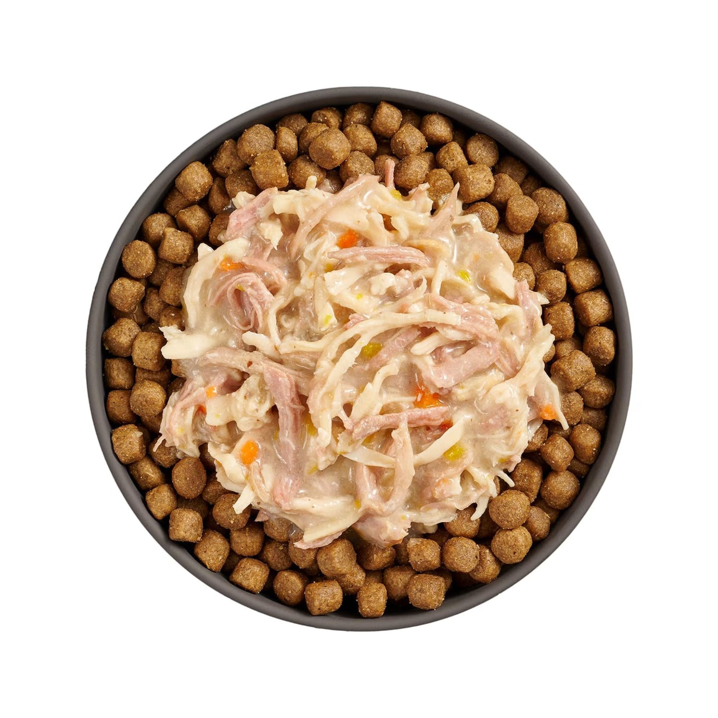 A black bowl holds dry kibble topped with Petcurean Pet Foods Go! Solutions Booster Weight Management Shredded Chicken & Duck in Broth Wet Cat Food, shown on a white background—ideal for cats needing weight control.