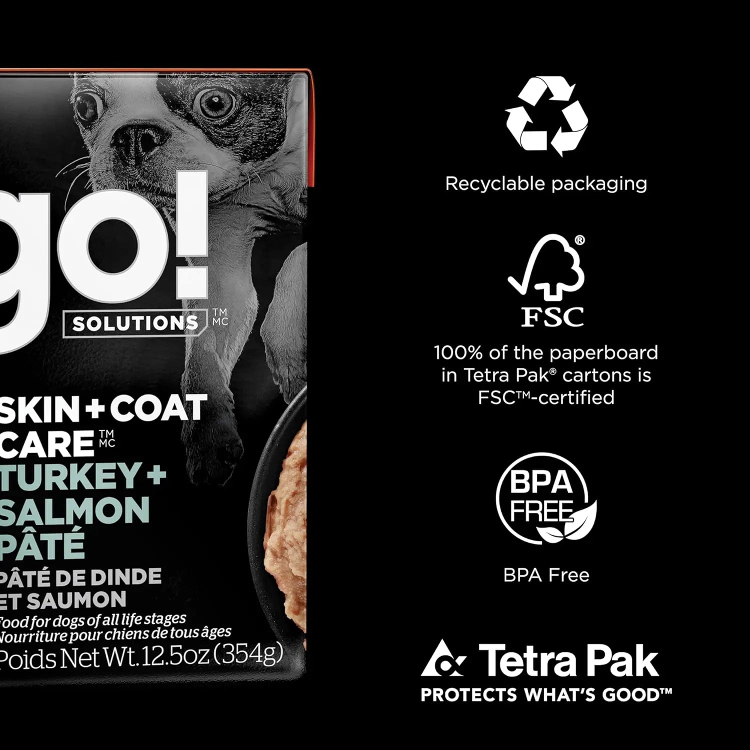 A package of Go! Solutions Skin + Coat Care Turkey & Salmon Pate Dog Food (12pk/12.5 oz) by Petcurean Pet Foods, featuring eco-friendly recyclable packaging, FSC certification, BPA-free materials, and Tetra Pak protection.