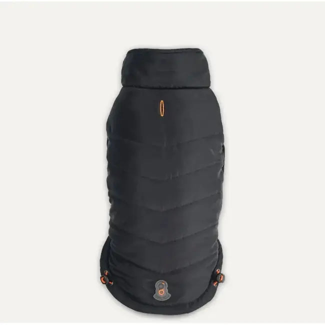 The Goo-Eez Mock Neck Signature Dog Jacket by Goo-Eez features a black quilted design with a high collar, orange accents, and a subtle chevron pattern—perfect for keeping pets warm. Shown against a plain light background.