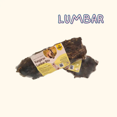 Two packs of Advance Pet Products Grain Free Kangaroo Femur and Lumbar Chews for allergy-sensitive pets, with yellow labels, rest on a light background. LUMBAR appears in blue lettering above the treats.