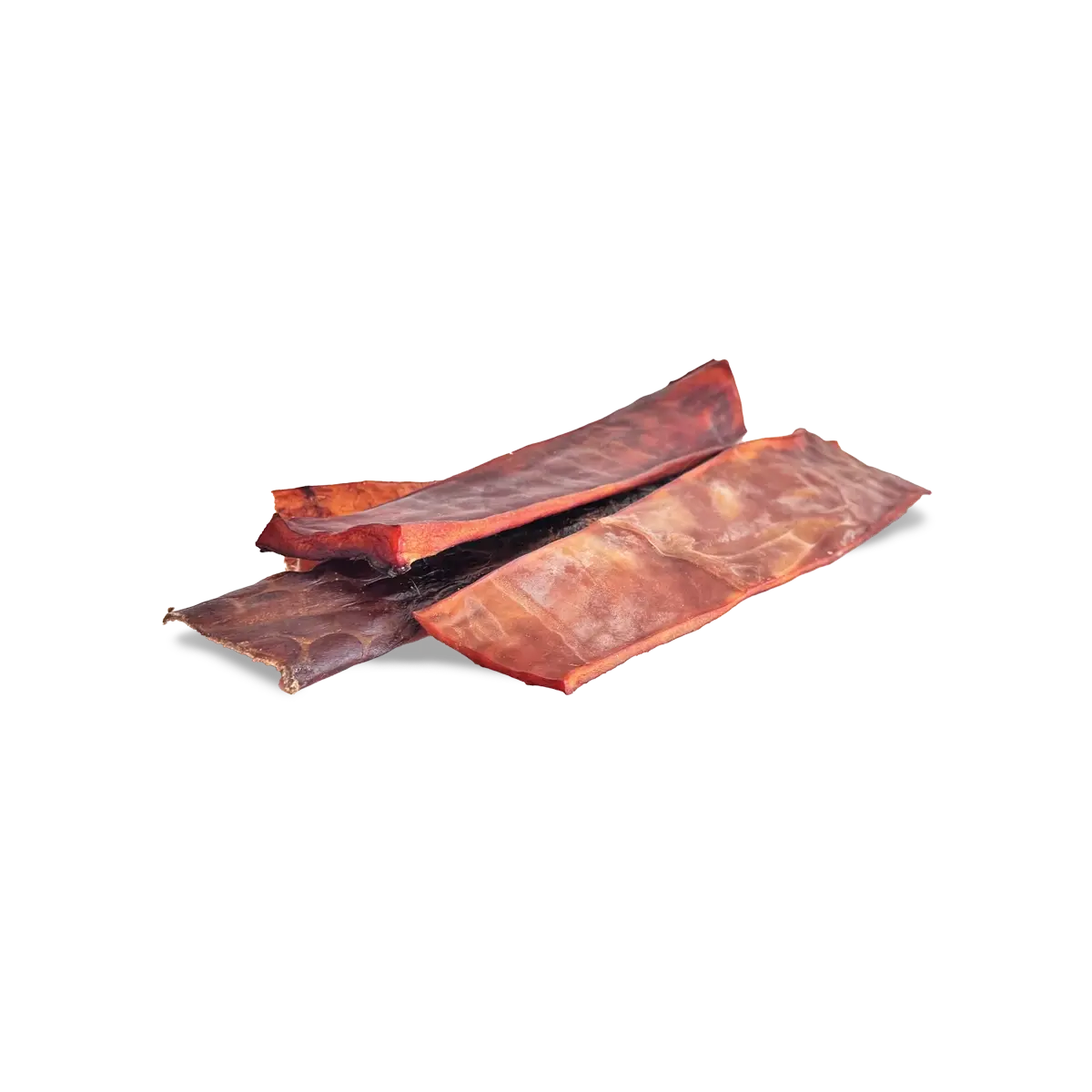 Three dried chiles de árbol with wrinkled, reddish-brown skins are stacked against a white background, perfect to add a spicy kick to Home Range Collagen Flattened Jerky Strips Healthy Protein Treats 12, a high-protein snack.