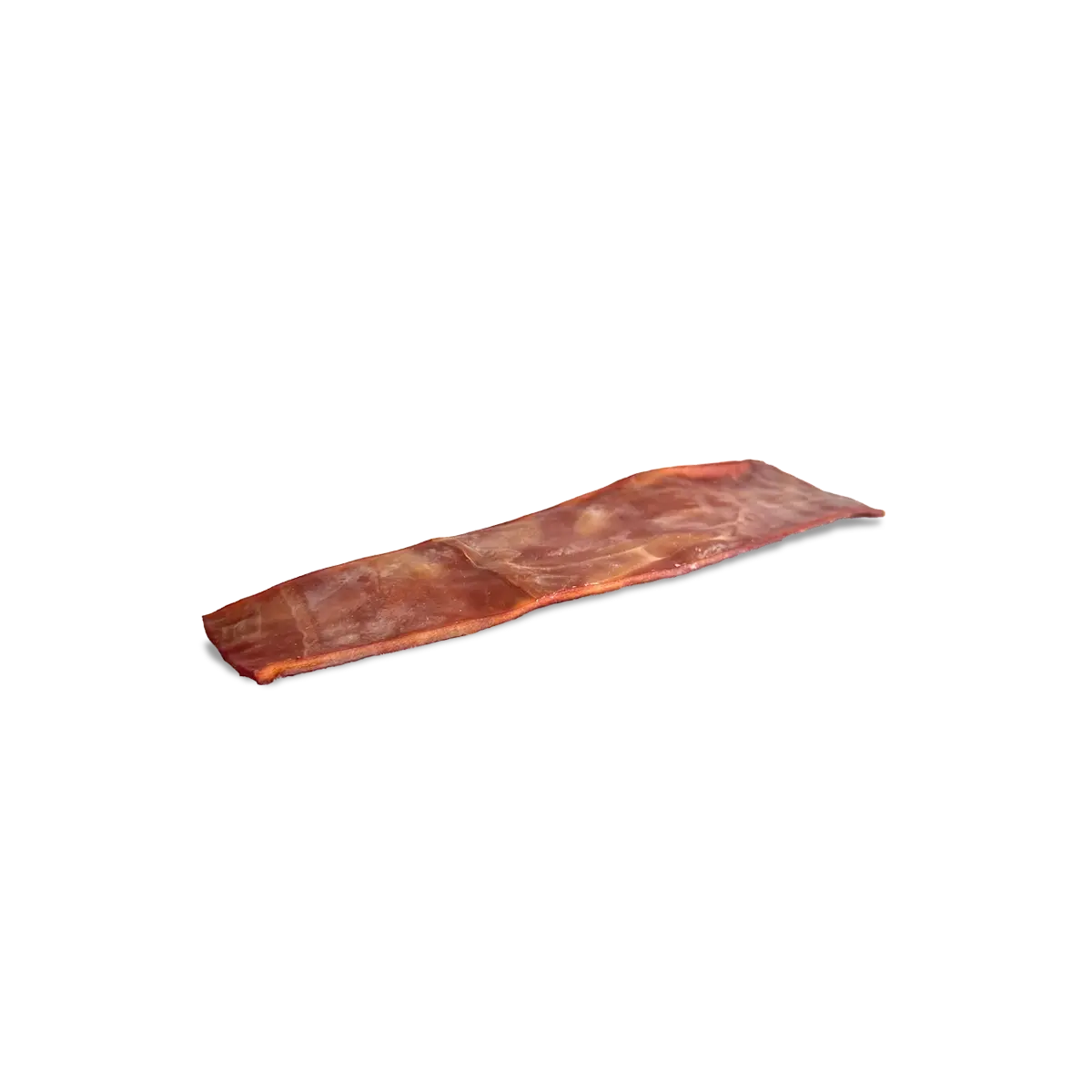 A Home Range Collagen Flattened Jerky Strip, measuring 12, lies flat on a white background, highlighting its high protein content and appealing texture as a healthy treat from the Home Range collection.