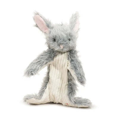 The HuggleHounds Birch Bunny X-Brace Tough Squeaky Plush Dog Toy features soft gray and white fur, long ears, a ribbed belly, and sits upright—ideal for playful pups who love cuddly, durable toys.