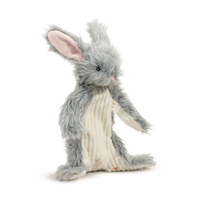 The HuggleHounds Birch Bunny X-Brace Tough Squeaky Plush Dog Toy features a plush gray bunny with long floppy ears and a cream corduroy belly, perfect for your pup to cuddle and play with.