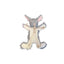 The HuggleHounds Birch Bunny X-Brace Tough Squeaky Plush Dog Toy by HuggleHounds, in gray with pink ears, lies on its back near a string stick figure. All items are set against a plain white background.