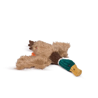 The HuggleHounds Drake Duck X-Brace Tough Squeaky Plush Dog Toy by HuggleHounds features a soft, furry duck shape with a green head, yellow beak, and brown wings, displayed on a white background.