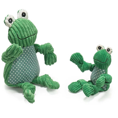 The HuggleHounds Durable Plush Corduroy Knottie Squeaky Dog Toy features two green plush frogs—one large, one small—with polka dot bellies and stitched smiles, making them the perfect durable playmates for playful pups.