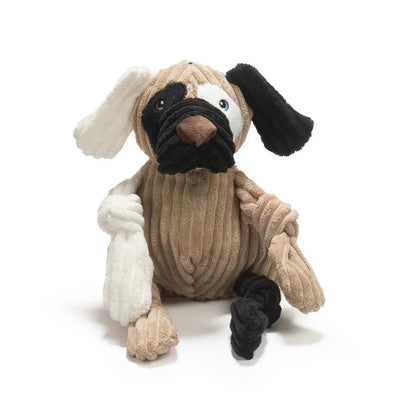 The HuggleHounds Huggle Mutts Patches the Mutt Tough Squeaky Plush Dog Toy features a durable corduroy texture, floppy mismatched ears, tan body, black nose, and sad blue eyes. Washable and perfect for playful pups.