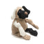 The HuggleHounds Huggle Mutts Patches the Mutt Tough Squeaky Plush Dog Toy features ribbed beige, black, and white fabric, floppy ears, and knotted limbs. This durable toy is shown sitting upright against a white background.