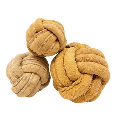 Three HuggleHounds HuggleHide Natural Leather Ball Dog Toys in brown and tan are arranged on a white background. Each durable, knotted ball from HuggleHounds varies in size, making them ideal chew toys for dogs.
