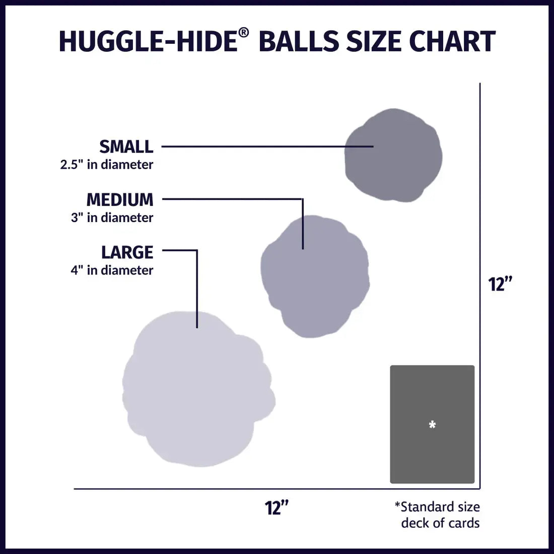 HuggleHounds HuggleHide Natural Leather Ball Dog Toy size chart: small (2.5), medium (3), and large (4) diameter balls compared to a deck of cards on a 12x12 grid.