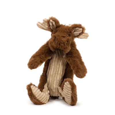 The HuggleHounds Maple Moose X-Brace Tough Squeaky Plush Dog Toy by HuggleHounds features brown fur and beige corduroy accents on its belly, legs, and inner ears, and sits upright against a white background.