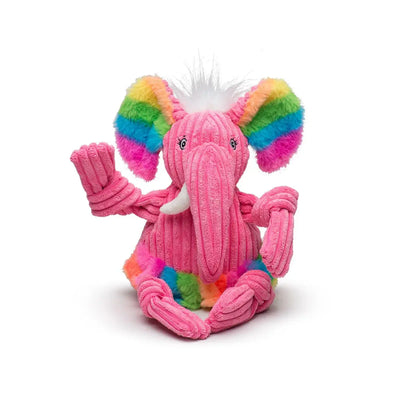 The HuggleHounds Rainbow Durable Plush Corduroy Knotties Squeaky Dog Toy features ribbed pink fabric, rainbow accents on ears and feet, white tusks, Tuffut Technology for durability, and is perfect for playful pups.