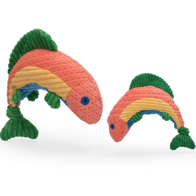 Two HuggleHounds Raucous Rainbow Trout Knottie Tough Squeaky Plush Dog Toys feature textured pink bodies, yellow and blue stripes, green fins and tails, plus blue eyes—an interactive duo from HuggleHounds perfect for dog playtime.