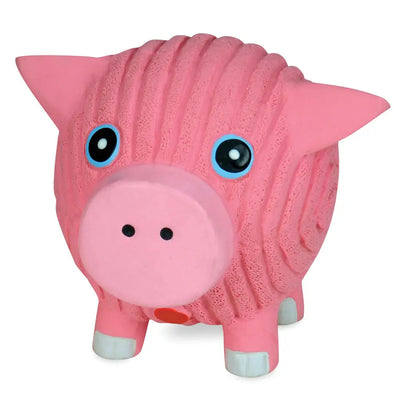 The HuggleHounds Ruff-Tex Squeaky Ball Dog Toy by HuggleHounds is a pink, textured pig with big blue and black eyes, a round snout, and white-tipped feet—an all-natural, fun toy for playful pups.