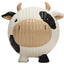 A round, textured ceramic figure resembling a cow—with a beige snout, black spots, small horns, and short legs—evokes the playful charm of the HuggleHounds Ruff-Tex Squeaky Ball Dog Toy by HuggleHounds.