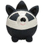 A round, cartoon-style raccoon figurine with a black and white face, black ears, and a red smile sits upright—perfect as the all-natural HuggleHounds Ruff-Tex Squeaky Ball Dog Toy by HuggleHounds.