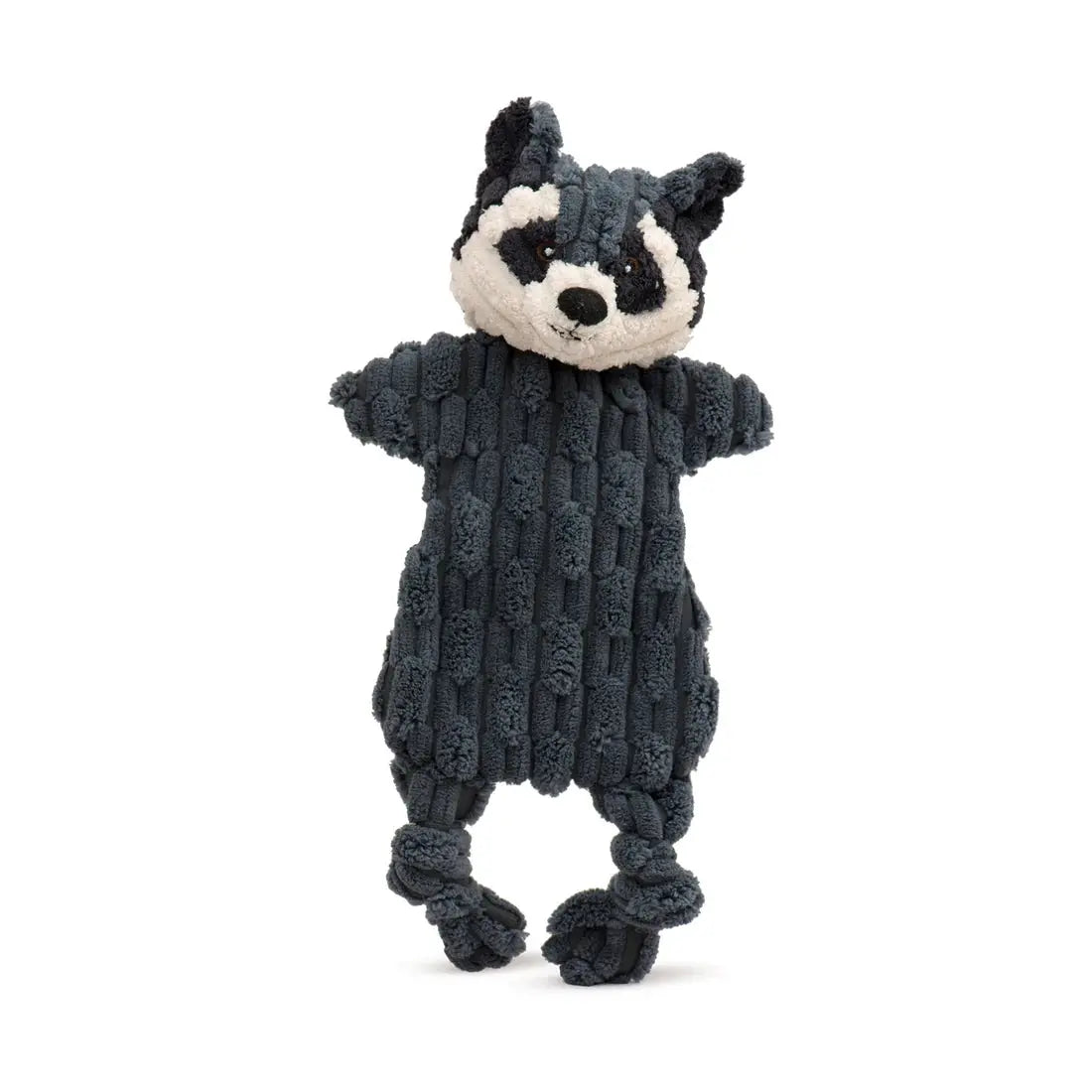 The HuggleHounds Woodland HuggleFlatties Tough Squeaky Small Plush Dog Toys 3pk by HuggleHounds features corduroy-like, textured raccoon designs with knotted legs—perfect for pups who love durable dog toys.