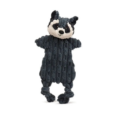 The HuggleHounds Woodland HuggleFlatties Tough Squeaky Small Plush Dog Toys 3pk by HuggleHounds features corduroy-like, textured raccoon designs with knotted legs—perfect for pups who love durable dog toys.