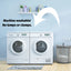 A laundry room with a washer and dryer, a basket on the side, and shelves with detergents. Text and arrow read: Machine washable! HuggleHounds Woodland HuggleFlatties Tough Squeaky Small Plush Dog Toys 3pk—no lumps or clumps.