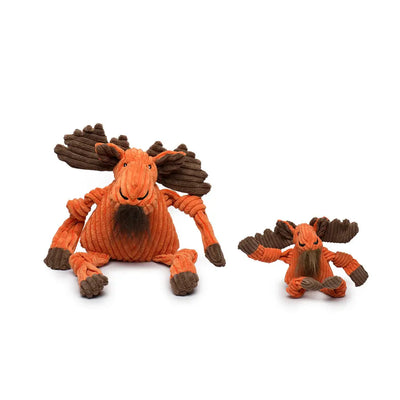 Two HuggleHounds Woodlands Durable Plush Corduroy Knottie Moose Squeaky Dog Toys, one larger than the other, sit side by side against a white background—perfect for your pup to cuddle or play.