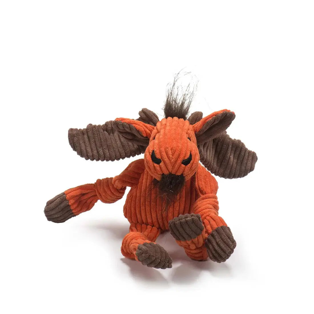 The HuggleHounds Woodlands Durable Plush Corduroy Knottie Moose Squeaky Dog Toy features orange and brown ribbed fabric, floppy ears, a tuft of hair, and a scruffy beard, displayed on a white background.
