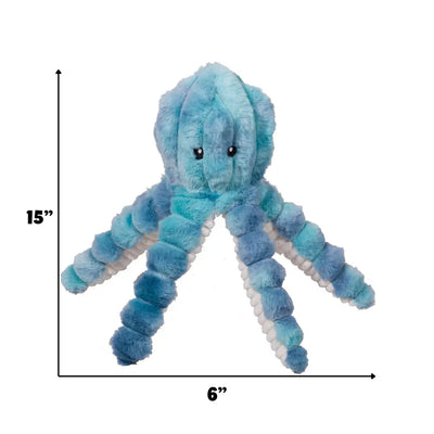 The HuggleHounds X-Brace Calamaro Large Dog Tots by HuggleHounds is a blue and turquoise plush octopus dog toy with curled tentacles, measuring 15 tall and 6 wide—perfect for interactive playtime.