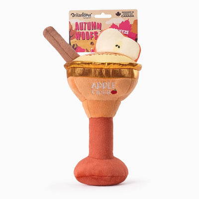 The Hugsmart Pet Oriland Autumn Woofs Apple Cider Cocktail Plush Dog Toy is a mug-shaped squeaky toy with an embroidered “Apple Cider” label, straw, and apple slice—perfect for festive autumn play!.