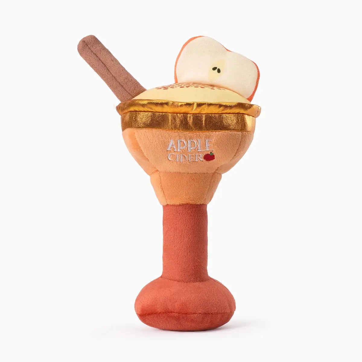 The Hugsmart Oriland Pet Autumn Woofs Apple Cider Cocktail Plush Dog Toy by Hugsmart Pet features a plush cider glass with red base, brown handle, gold rim, straw, apple slice topper, and APPLE CIDER embroidery—perfect for autumn play.