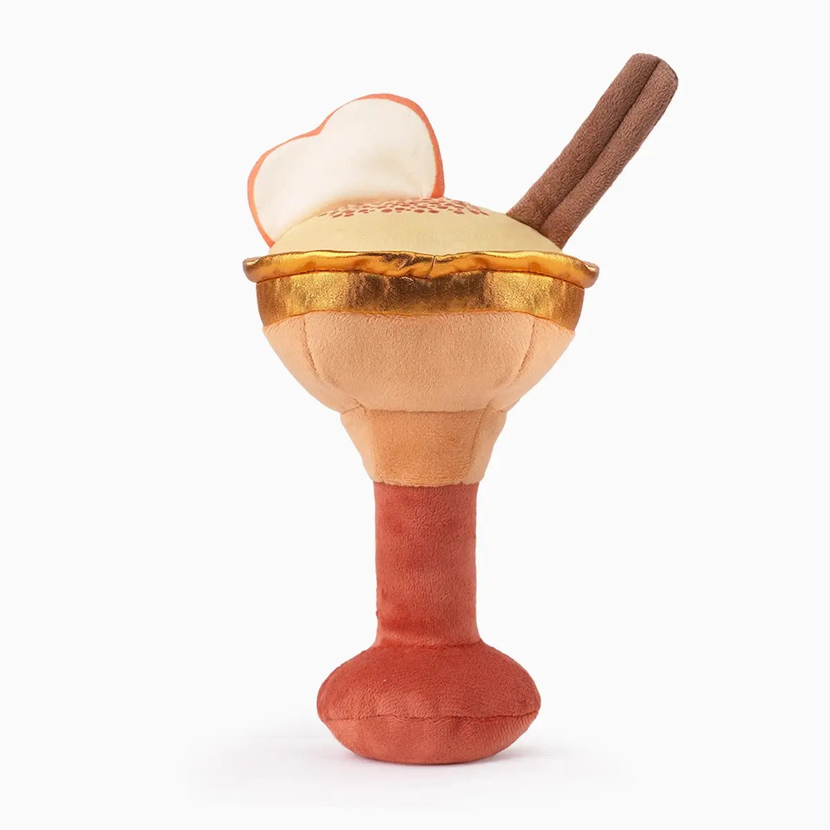 The Hugsmart Pet Oriland Autumn Woofs Apple Cider Cocktail Plush Dog Toy is a whimsical squeaky dog toy shaped like an apple cider cocktail, perfect for playful pups.