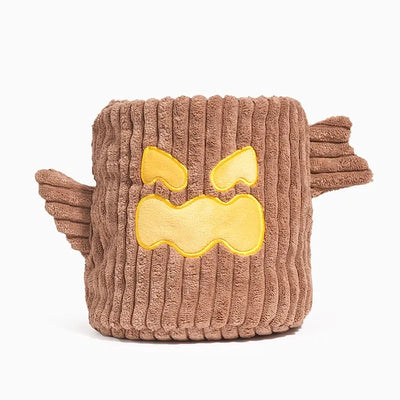 The Hugsmart Pet Howloween Night Haunted Tree Interactive Dog Toy by Hugsmart Pet features a plush corduroy basket with wing-like handles and a yellow angry face—perfect for interactive Halloween fun with your pup.