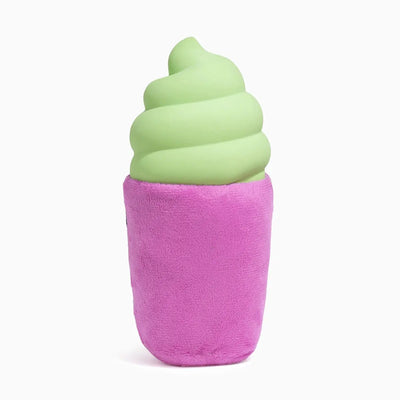 The Hugsmart Pet Howloween Night Witch Brew Frappe Halloween Dog Toy, by Hugsmart Pet, is a plush squeaky dog toy designed to look like a swirled green ice cream in a bright pink cone, shown against a plain white background.