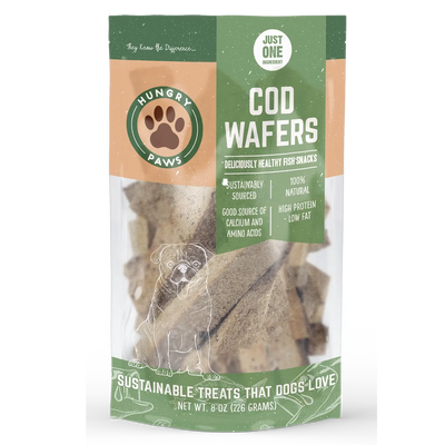 Hungry Paws Cod Fish Wafer Dog Treats are single-ingredient, all-natural, calcium-rich snacks that are high in protein and amino acids, low in fat. Packaged eco-friendly with a dog illustration and green accents.