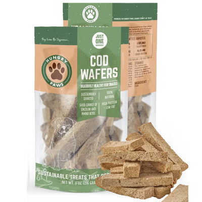 A package of Hungry Paws Cod Fish Wafer Dog Treats Single Ingredient Snacks by Hungry Paws is shown with front and back views. Light brown wafers are stacked in front, highlighting these healthy dog treats made from a single natural ingredient.