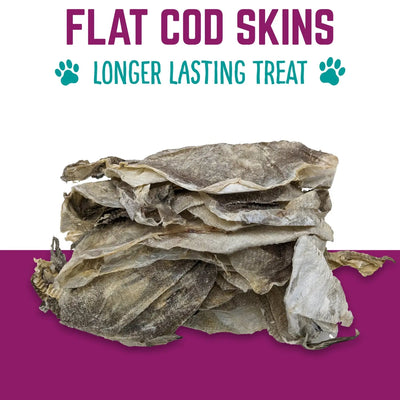 A pile of Hungry Paws Premium Cod Skin Dog Chew Treats (4 oz) on a purple and white background, with “Flat Cod Skins - Longer Lasting Treat,” two teal paw prints, and notes on natural omega-3 benefits from Hungry Paws.